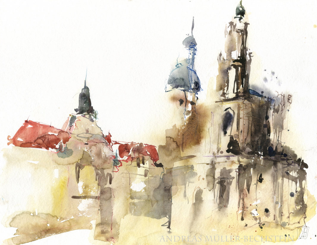 Schlossensemble Dresden, Andreas Müller-Bechstein, Aquarell, 64 x 50cm, 2018